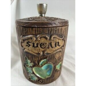Vintage Treasure Craft Sugar Canister Turquoise Faux Wood Grain Apple USA  Descr